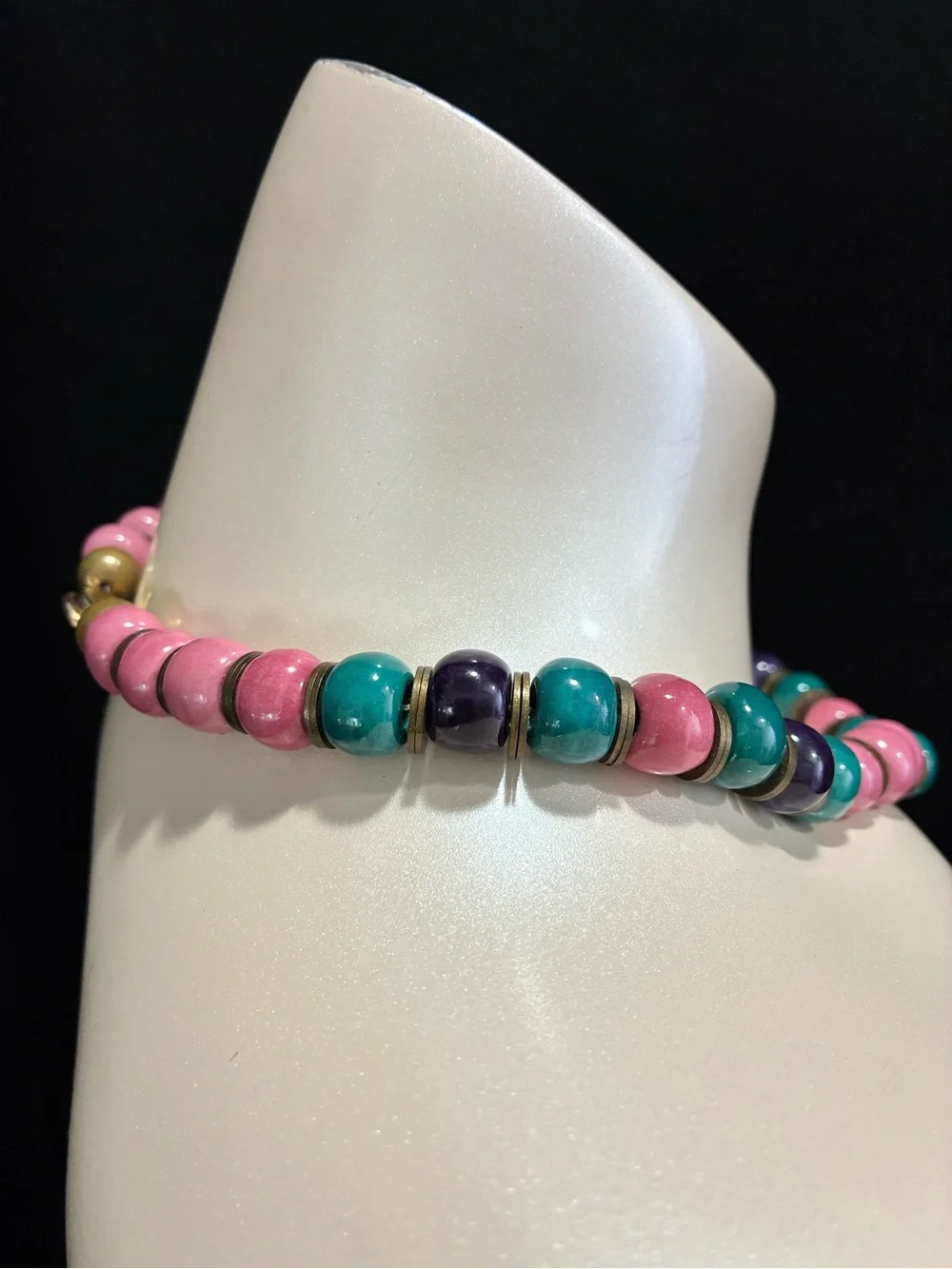 VTG Chunky Ceramic Pink, Teal & Purple Beaded Necklace with Antique Gold Spacers